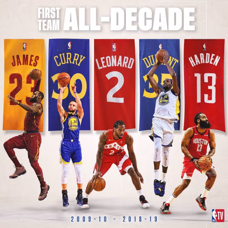 James, Curry, Leonard, Durant y Harden arman el quinteto ideal. Foto: @NBATV
