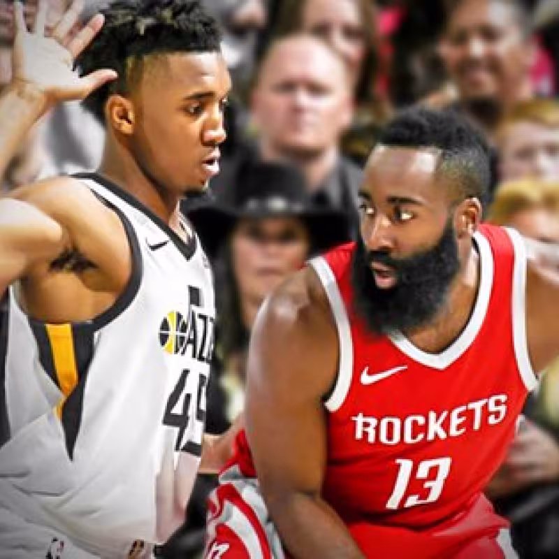 Donovan Mitchell defendiendo a James Harden