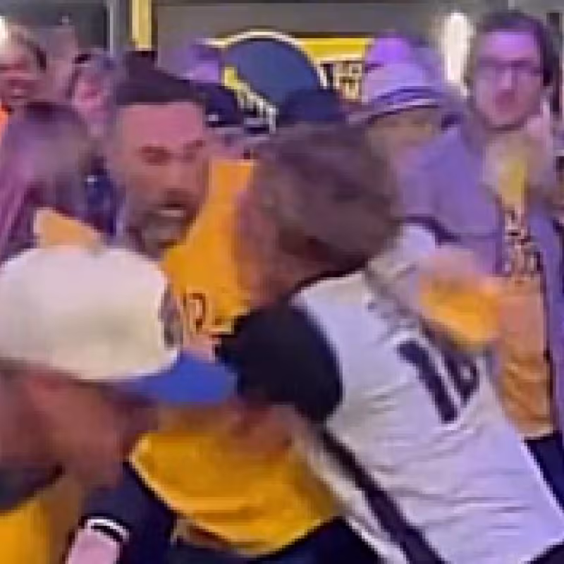 Pelea entre aficionados de Warriors y Kings.