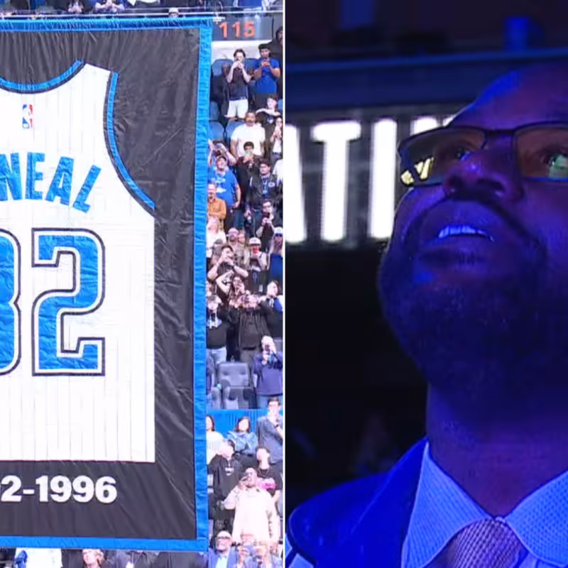 Shaquille O'Neal, en su retirada de camiseta de los Magic.