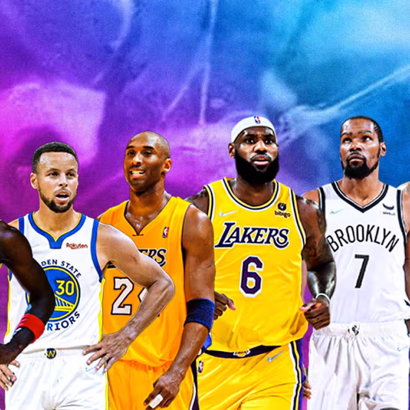 Michael Jordan, Stephen Curry, Kobe Bryant, LeBron James, Kevin Durant, and Shaquille O'Neal
