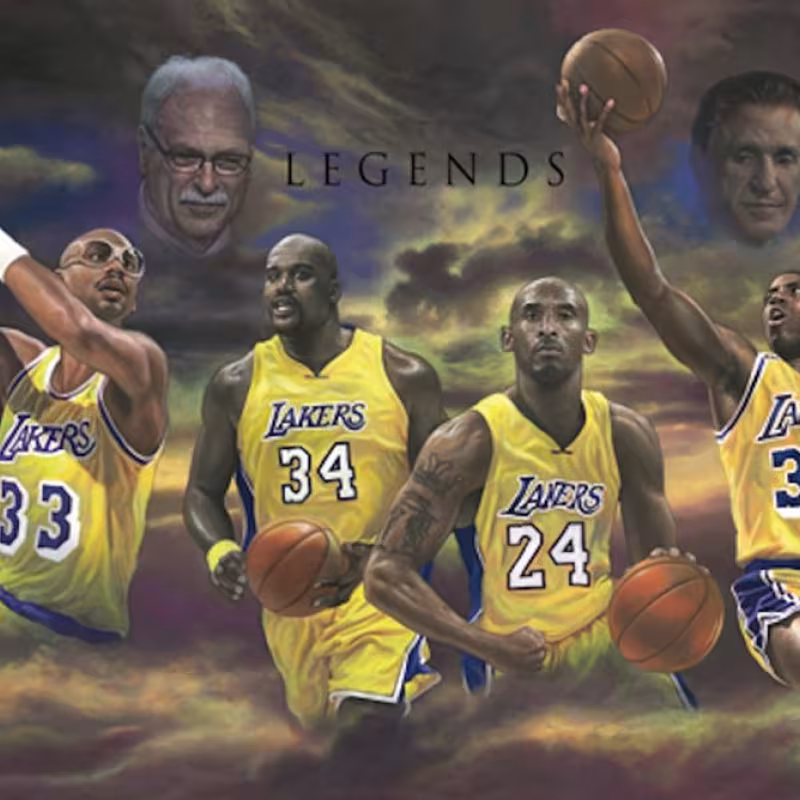 Kareem Abdul-Jabbar, Phil Jackson, Shaquille O'Neal, Kobe Bryant, Pat Riley y Magic Johnson