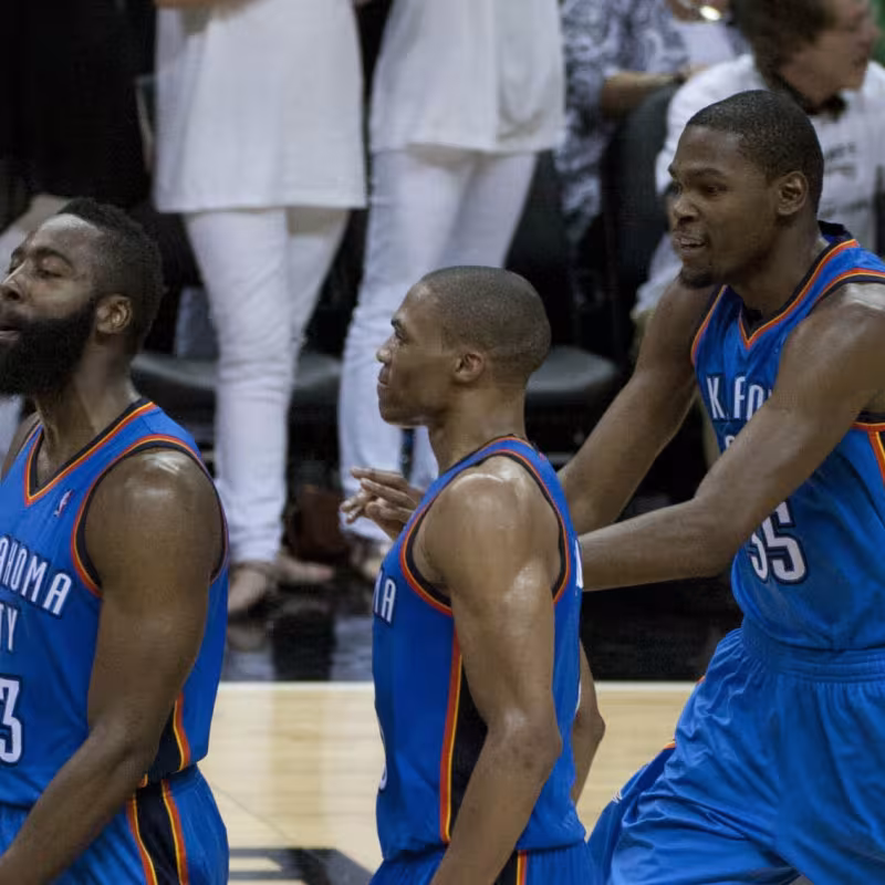 James Harden, Russell Westbrook, and Kevin Durant in their time with OKC Thunder.
