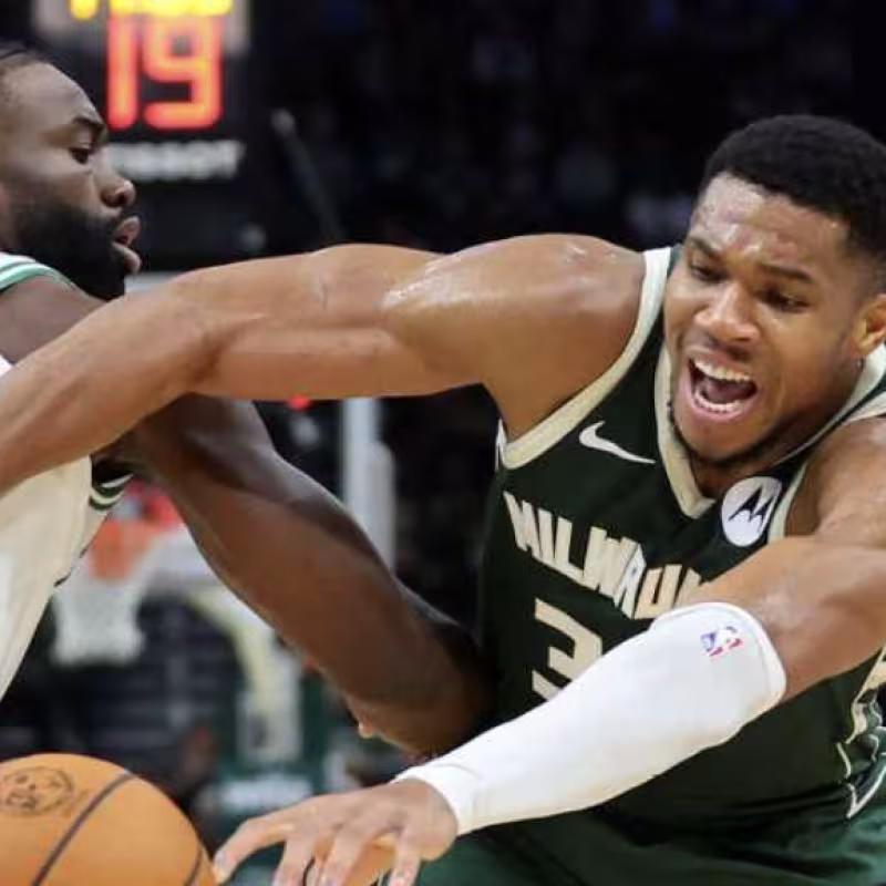Giannis Antetokounmpo faces Jaylen Brown.