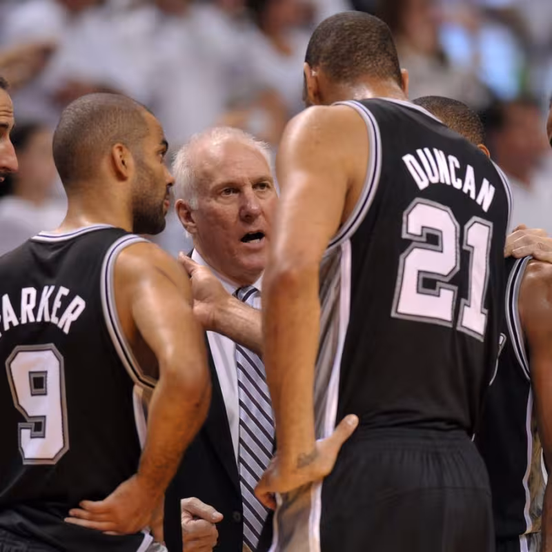 Manu Ginobili, Tony Parker, Gregg Popovich, Tim Duncan, and Kawhi Leonard