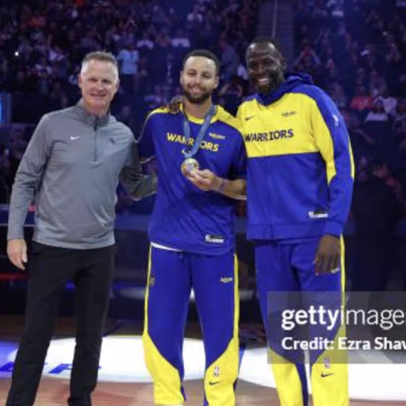 Steve Kerr, together with Stephen Curry and Draymond Green.