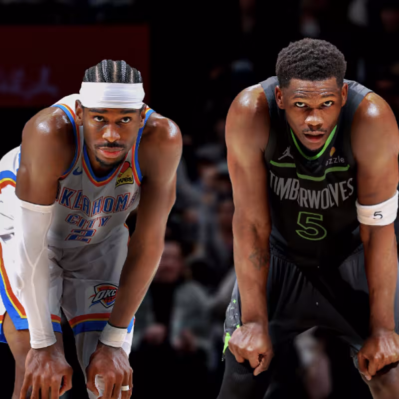 Shai faces Ant in a Wolves-OKC game in 2025.