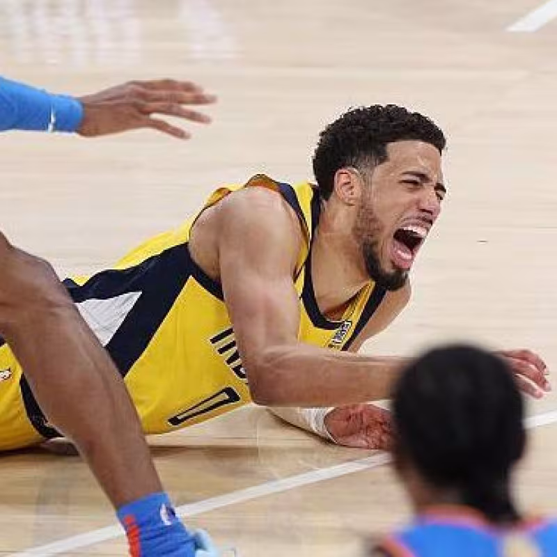 Tyrese Haliburton injured in Game 7 of the 2025 NBA Finals against the Oklahoma City Thunder.