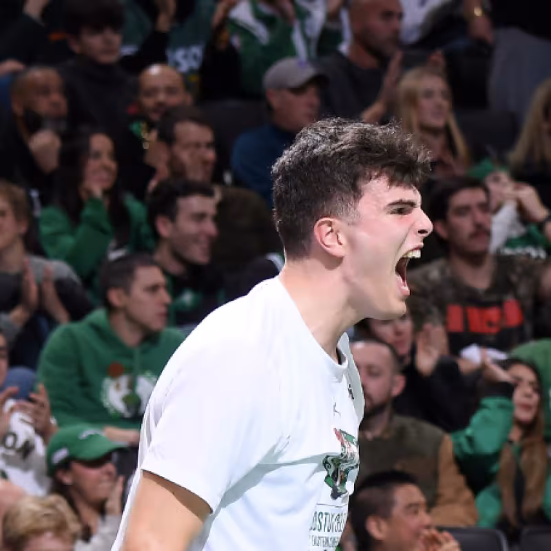 Hugo González, cheering on his teammates from the Pistons vs. Celtics bench.