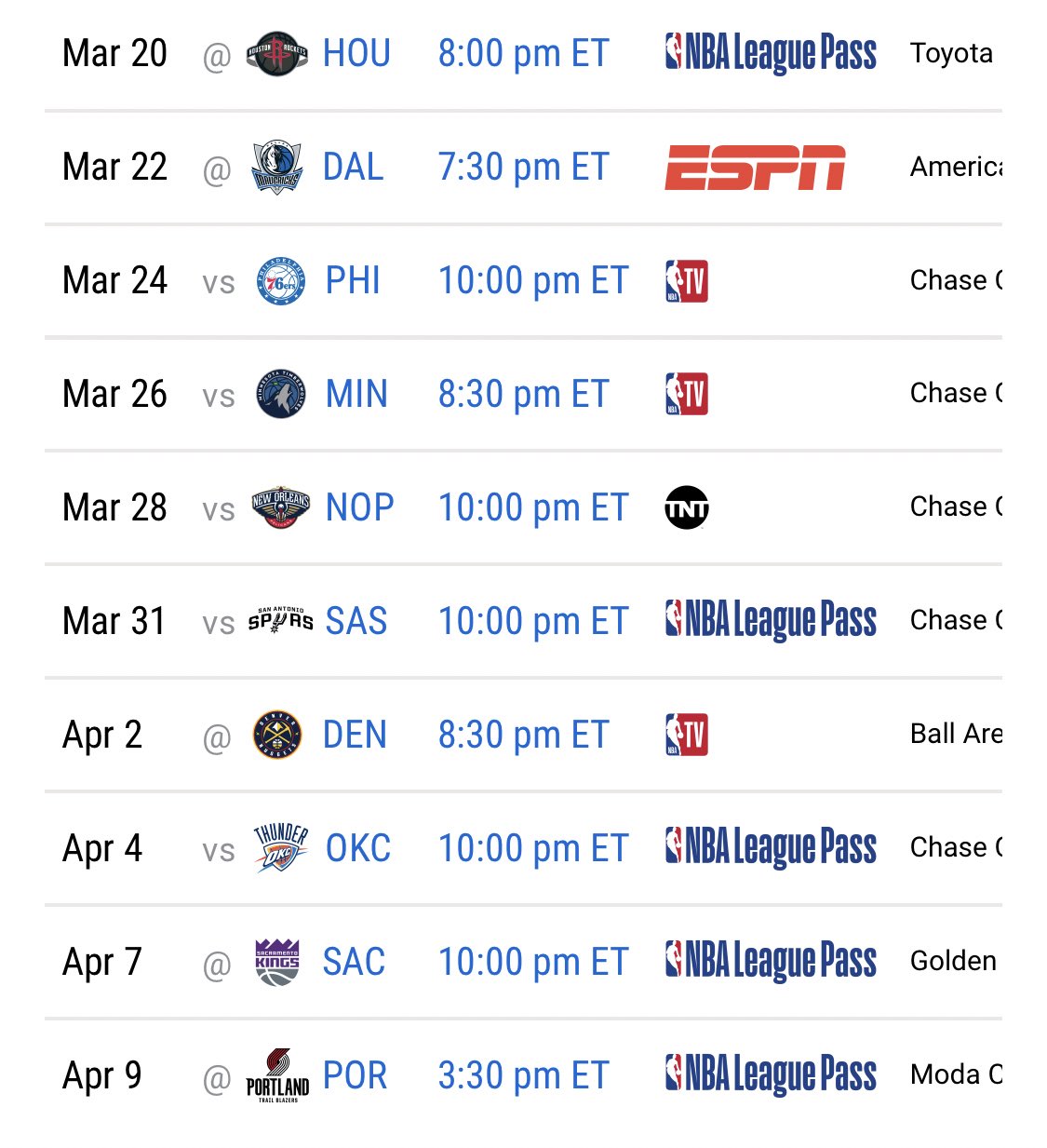 El calendario de los Warriors hasta el final de la temporada regular