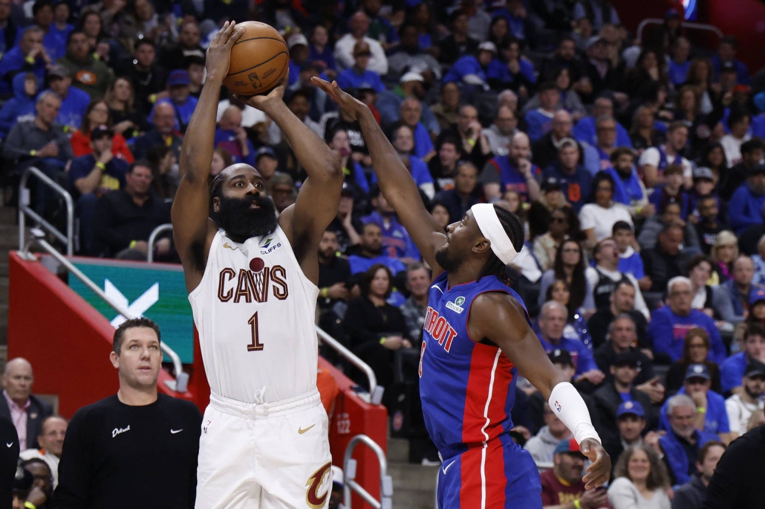 Caris LeVert trying to block James Harden