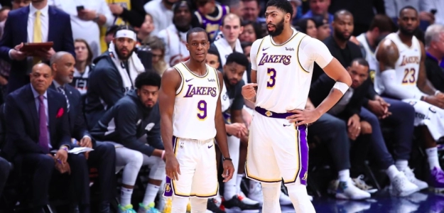 Rajon Rondo y Anthony Davis durante el Lakers-Nuggets.