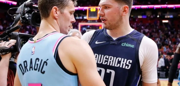 Goran Dragic saluda a su compatriota Luka Doncic tras un encuentro "Foto: Mavs Moneyball"