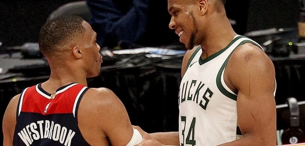 Russell Westbrook, jugador de Washington Wizards, y Giannis Antetokounmpo, jugador de Milwaukee Bucks.
