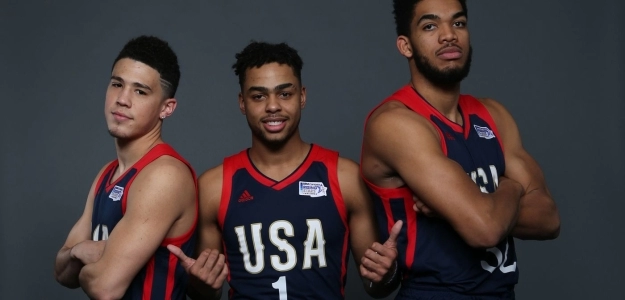 Devin Booker, D'Angelo Russell y Karl-Anthony Towns