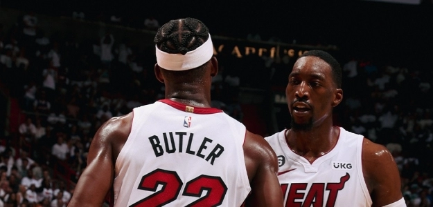 Jimmy Butler y Bam Adebayo, estrellas de Miami Heat.