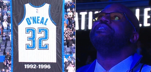 Shaquille O'Neal, en su retirada de camiseta de los Magic.