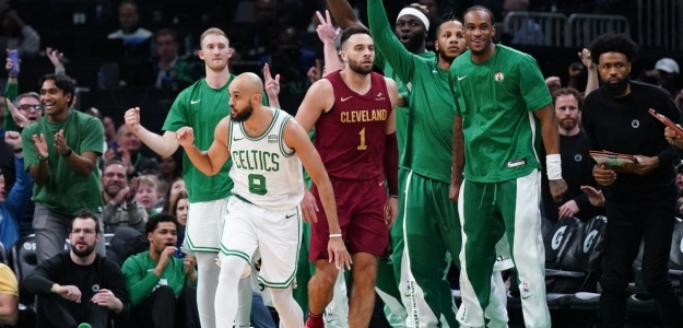 Derrick White, en un partido contra los Cleveland Cavaliers