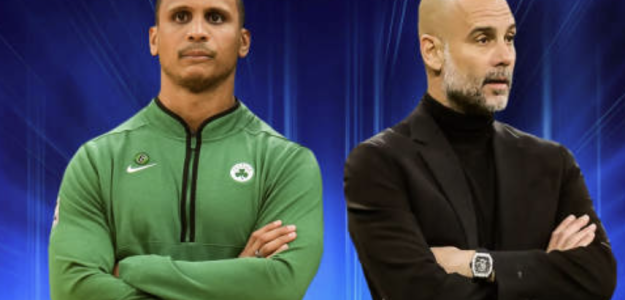 Pep Guardiola y Joe Mazzulla, entrenadores de City y Celtics, respectivamente. 