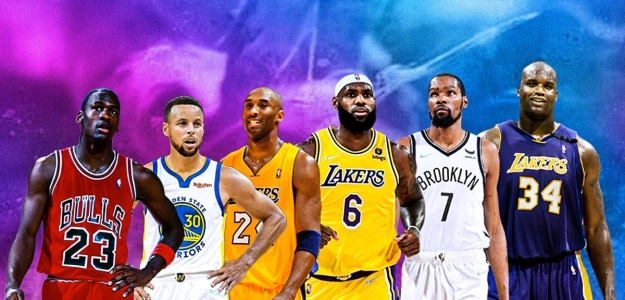 Michael Jordan, Stephen Curry, Kobe Bryant, LeBron James, Kevin Durant, and Shaquille O'Neal