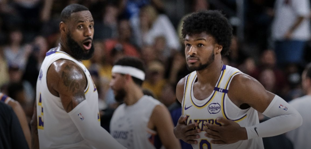 LeBron James and Bronny James, teammates on the Los Angeles Lakers.
