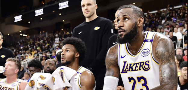 LeBron James and Bronny James on the bench of the Los Angeles Lakers.
