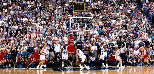 Michael Jordan in the 1998 NBA Finals between Chicago Bulls and Utah Jazz.