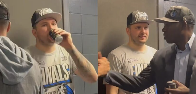 Luka Doncic, bebiendo una cerveza tras meter a los Mavs en sus terceras Finales de la NBA.