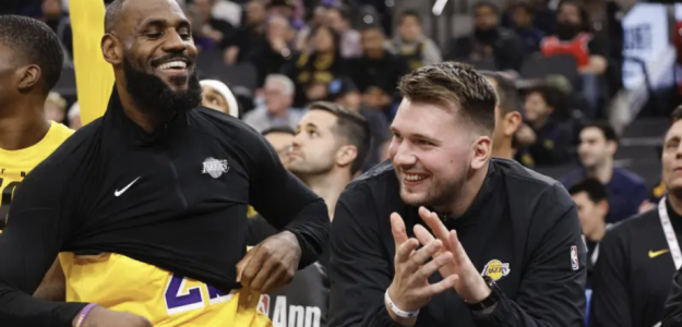 Luka Doncic, star of the Los Angeles Lakers, alongside LeBron James.