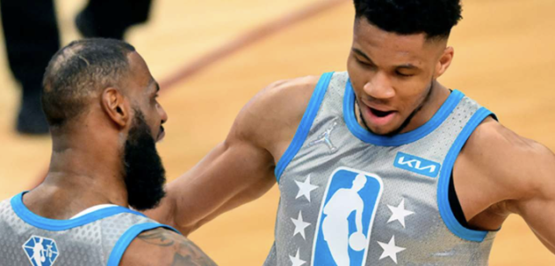 LeBron and Antetokounmpo, during an All-Star Game.