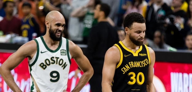 Derrick White and Stephen Curry