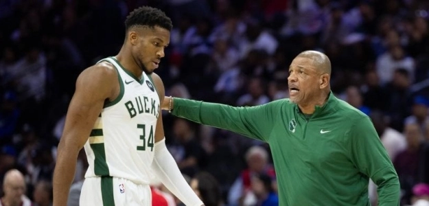 Giannis Antetokounmpo y Doc Rivers, jugador franquicia y entrenador de Milwaukee Bucks