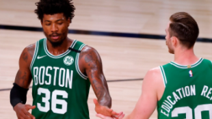 Los Boston Celtics en un partido de la burbuja de Orlando.