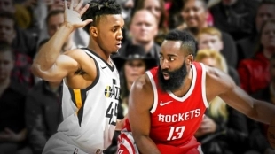 Donovan Mitchell defendiendo a James Harden