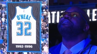 Shaquille O'Neal, en su retirada de camiseta de los Magic.