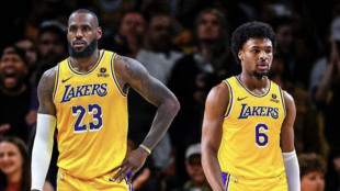 LeBron James and Bronny James, players for the Los Angeles Lakers.