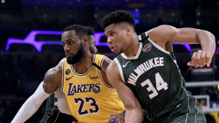 Giannis Antetokounmpo and LeBron James, stars of Bucks and Lakers.