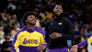 Bronny James, alongside his father LeBron James, with the Los Angeles Lakers.