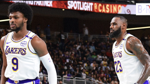 LeBron James and Bronny James, players for the Los Angeles Lakers.