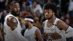 LeBron James and Bronny James, teammates on the Los Angeles Lakers.